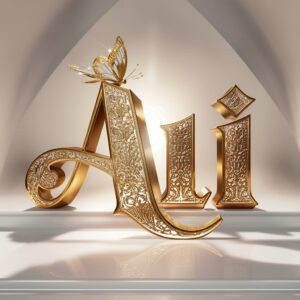 Refined golden 'Ali' name DP, adorned with a shimmering butterfly, set against a pristine white background."