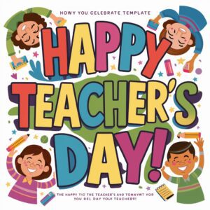 Vibrant, playful template with bold letters and smiling students, celebrating 'Happy Teacher's Day