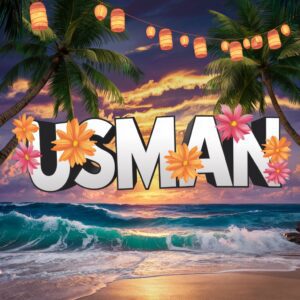 Usman" prominently displayed in 3D letters with a lively beach party backdrop and sunset hues.