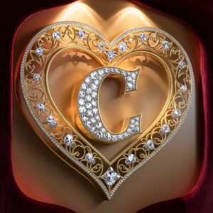 Luxurious 3D letter "C" encrusted with diamonds in a gold heart-shaped frame on a velvet red background.