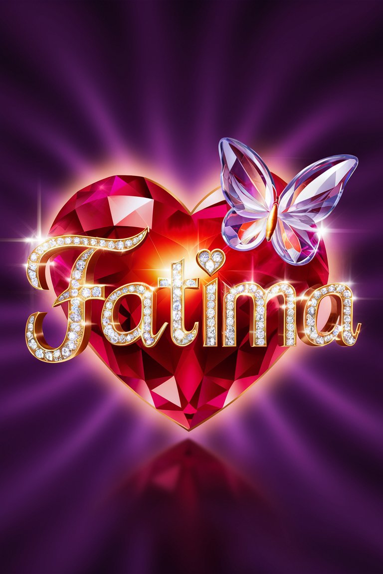 Beautiful 'Fatima' design in golden hues, highlighted with a glowing heart and butterfly on a sleek background."