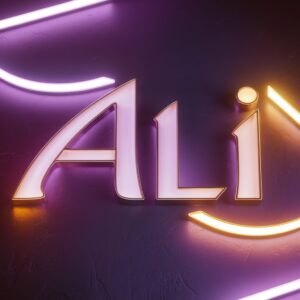 Elegant Ali DP name with refined typography, subtle gold accents, and cinematic neon lighting."