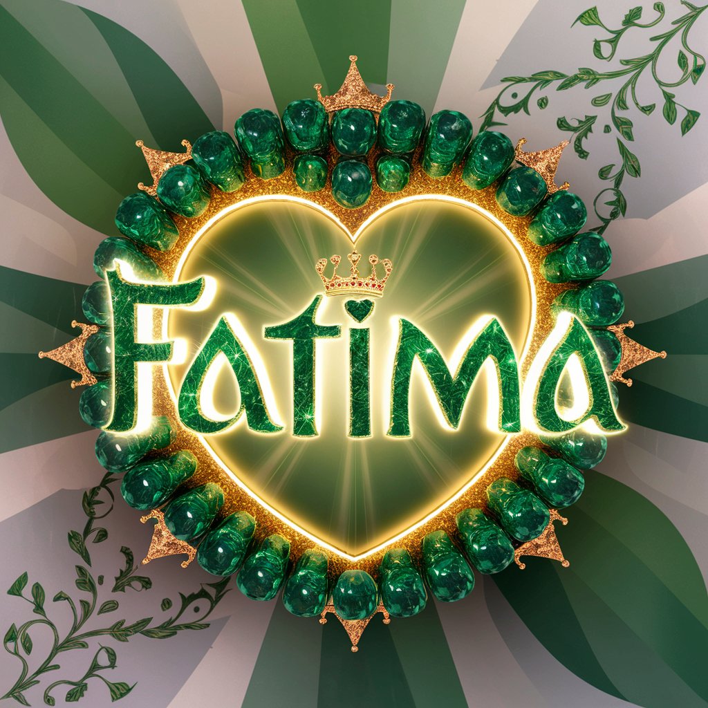 Luxurious 3D "Fatima" in glowing emerald hearts, highlighted by emerald gems and a golden crown, set against a green backdrop.