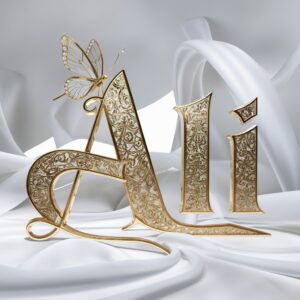 Majestic 'Ali' name DP in gold, featuring a delicate butterfly, with luxurious lighting for a cinematic touch