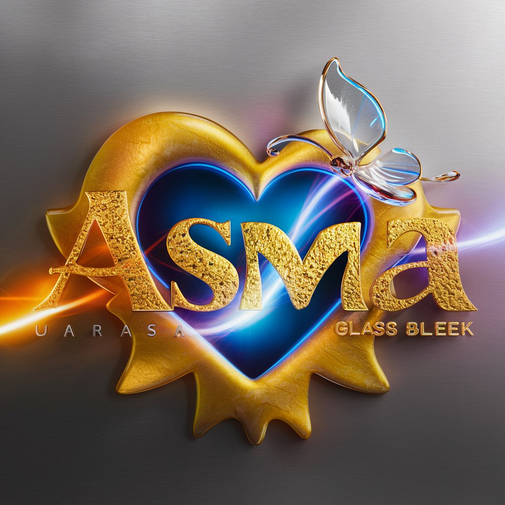 Luxurious 3D logo for Asma with golden twitty textures, vibrant neon lights, and a glowing heart on a silver background."