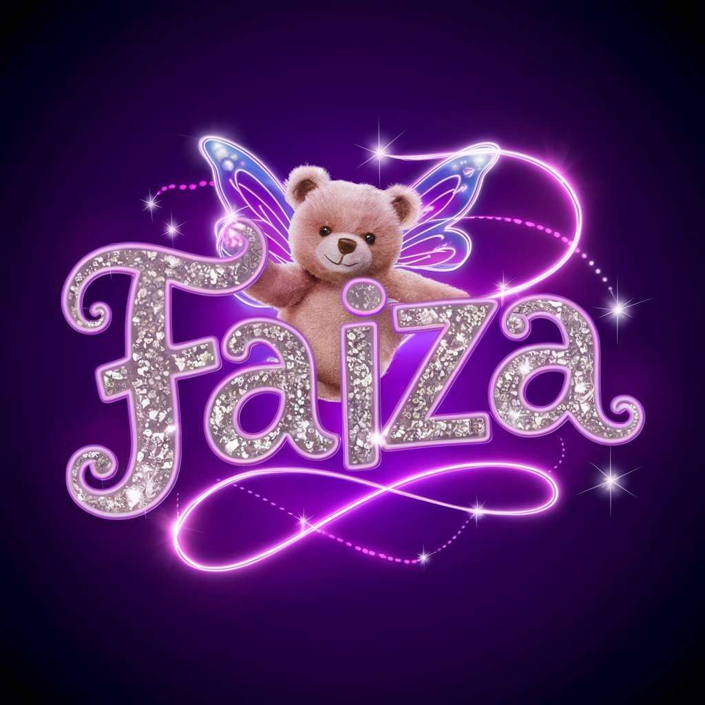 Sleek Faiza logo with neon lights and a stylish teddy bear."