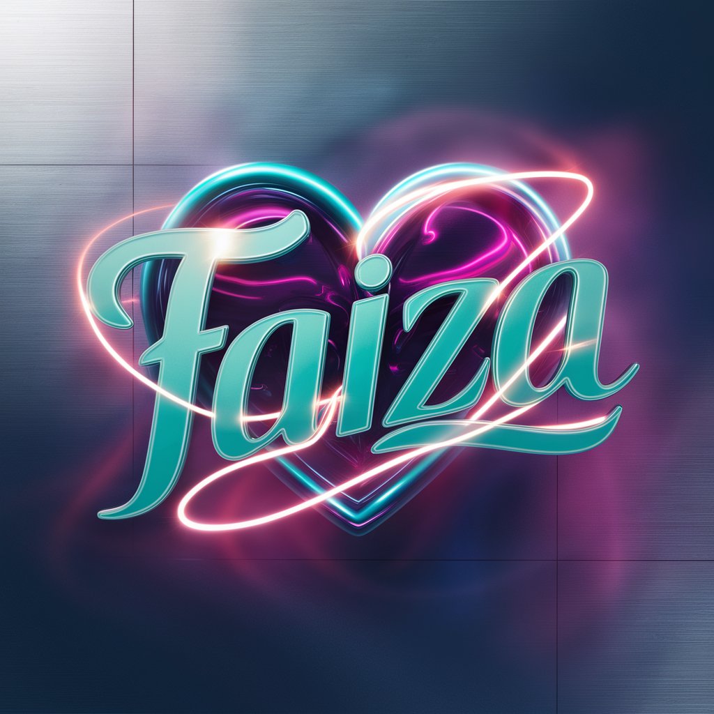 Radiant 3D Faiza logo with neon trails and a warm heart, creating a captivating wallpaper effect."