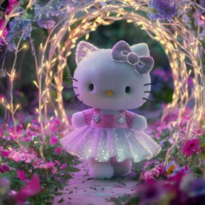 Elegant Hello Kitty amidst a vibrant garden, with her dress and bow adorned with sparkly textures."