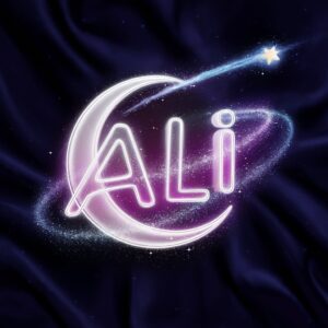 Ali in a glowing neon 3D style with stars, cosmic dust, and a crescent moon on a black background