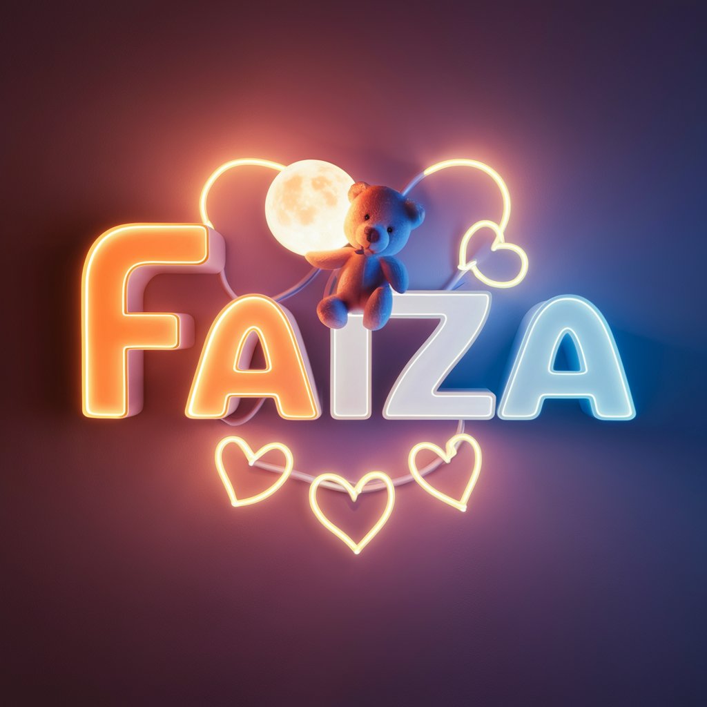 Softly glowing Faiza logo with neon blue and orange and a teddy bear holding a moon."