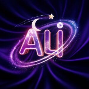 Ethereal 3D design for Ali, featuring neon letters and cosmic elements set in a swirling galaxy."