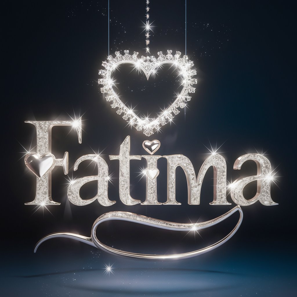 "Dreamlike 'Fatima' design with platinum letters and heart accents, floating in a midnight blue starry scene."