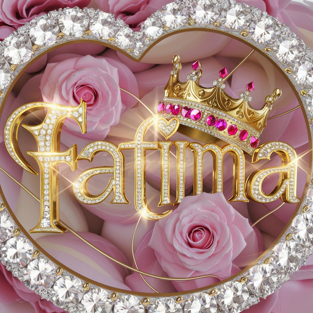 Fatima" in golden heart-shaped letters, adorned with diamonds and pink roses, crowned by a golden crown.