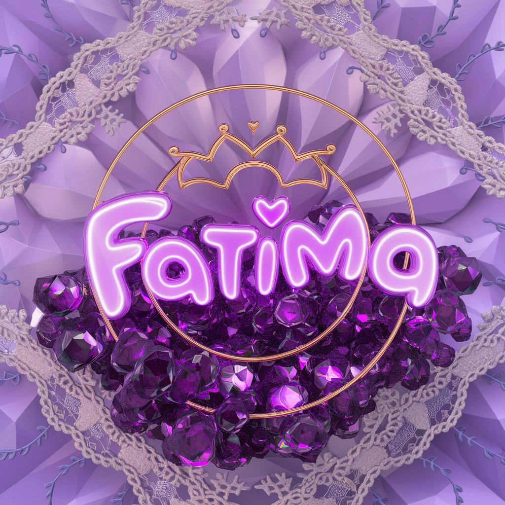 Fatima" in glowing pink and gold heart-shaped letters, surrounded by diamonds and a peach ivory gradient background.