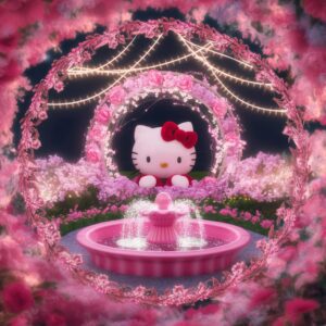 3D Hello Kitty in a dreamy pink garden with a magical fountain and floral patterns – Wallpaper."