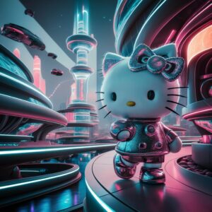 Futuristic cityscape with Hello Kitty featuring a metallic sheen and neon-lit surroundings in 3D."