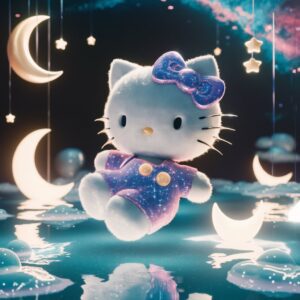 A starry 3D scene featuring Hello Kitty surrounded by a nebula, crescent moons, and cosmic elements."