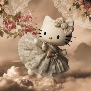 A nostalgic 3D scene with Hello Kitty surrounded by vintage objects and soft, sepia colors."