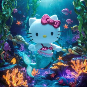 Hello Kitty in a 3D underwater world with glowing coral reefs and colorful sea creatures."