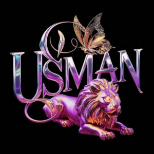 Mystical 3D 'Usman' logo with shimmering silver letters, golden butterfly, and glowing 3D lion."