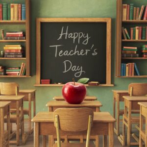 Vintage classroom design with a chalkboard, books, and an apple, celebrating 'Happy Teacher's Day