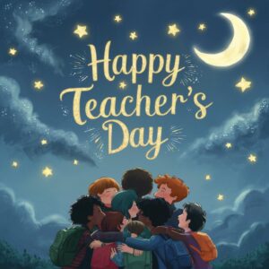 Serene starry night scene with glowing 'Happy Teacher's Day' lettering and silhouettes of students."