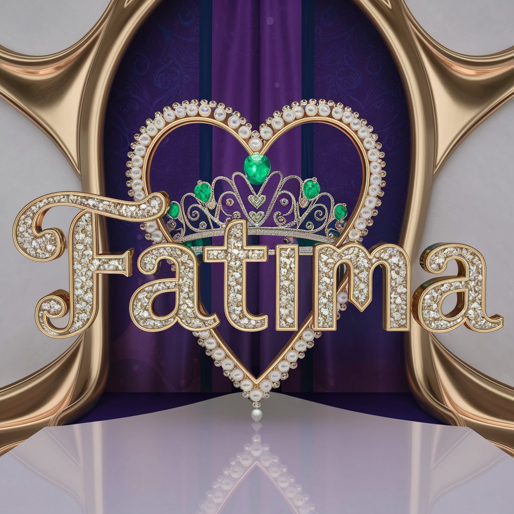 Elegant 'Fatima' in gold with heart filigree and a regal tiara, set against a deep purple background with gold accents."