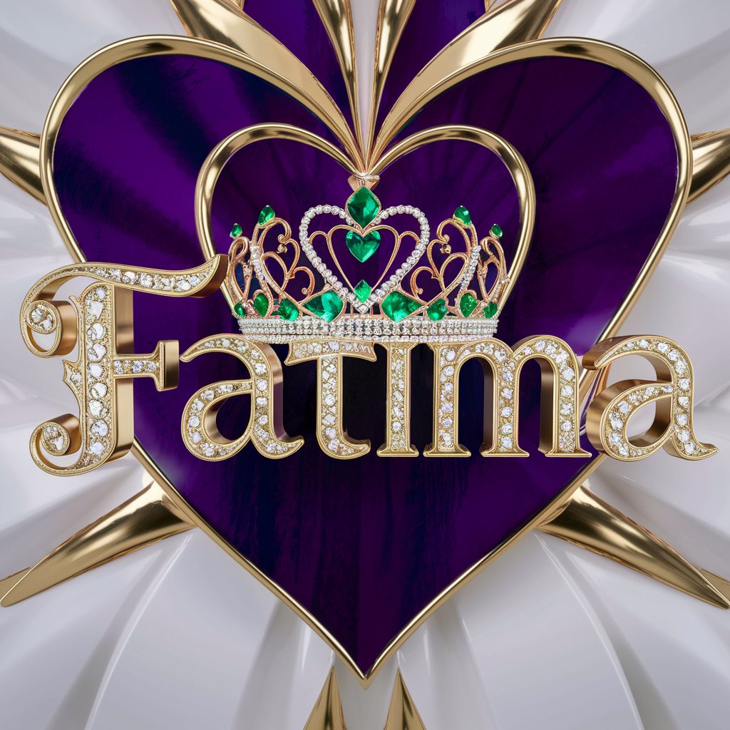 Luxurious 'Fatima' design with gold heart accents and a grand heart-shaped crown, on a rich purple backdrop."