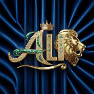 3D logo of Ali featuring a crown and lion’s head, exuding power and elegance in gold and green."