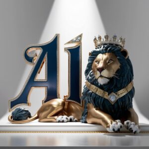 The name "Ali" in a modern, geometric font paired with a sharp, angular 3D lion, all enhanced by subtle lighting on a solid white background