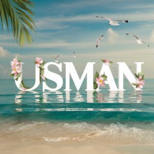 Usman" in elegant 3D amidst pastel tropical blooms on a peaceful sandy shore.