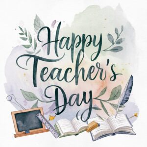 Beautiful watercolor backdrop with a flowing 'Happy Teacher's Day' message and subtle artistic touches