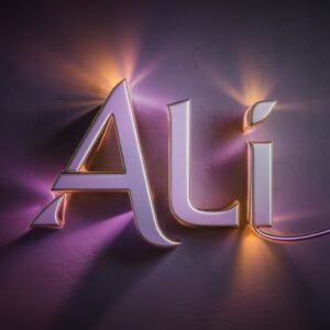 Modern Ali DP name illuminated with warm purple and orange neon, featuring gold details and a dark backdrop."