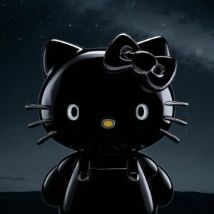 Midnight-themed 3D Hello Kitty with glowing eyes and bow, star-studded night sky background wallpaper."