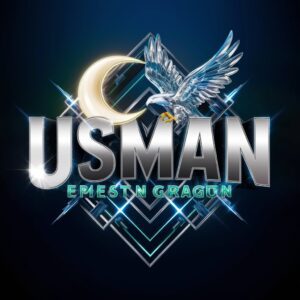 Usman Name DP with bold silver letters, vibrant neon lights, and a glowing crescent moon on a midnight blue background.