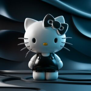 Hello Kitty dressed in black with a shiny silver bow, 3D wallpaper featuring a smooth black gradient."