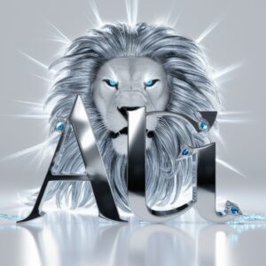 The name "Ali" in a bold, cinematic font, accompanied by a detailed, roaring 3D lion, all set against a striking, high-contrast white background.