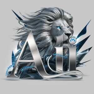 Ali" in a bold, silver font, paired with a 3D lion that exudes power, illuminated by intense lighting for a movie-poster effect on a white background.