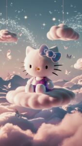 Pastel-colored clouds and shimmering stars surround Hello Kitty in a dreamy 3D scene."