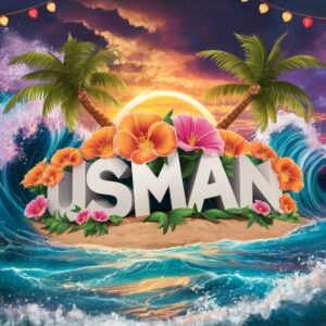 Celebrate with "Usman" highlighted in 3D letters against a golden and purple sunset sky.