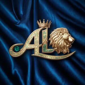 Elegant 3D name Ali with intricate gold and emerald details set against a royal blue velvet backdrop."