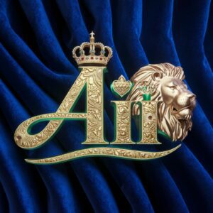 Ali in a luxurious 3D design with golden patterns and emerald accents on a royal blue background."