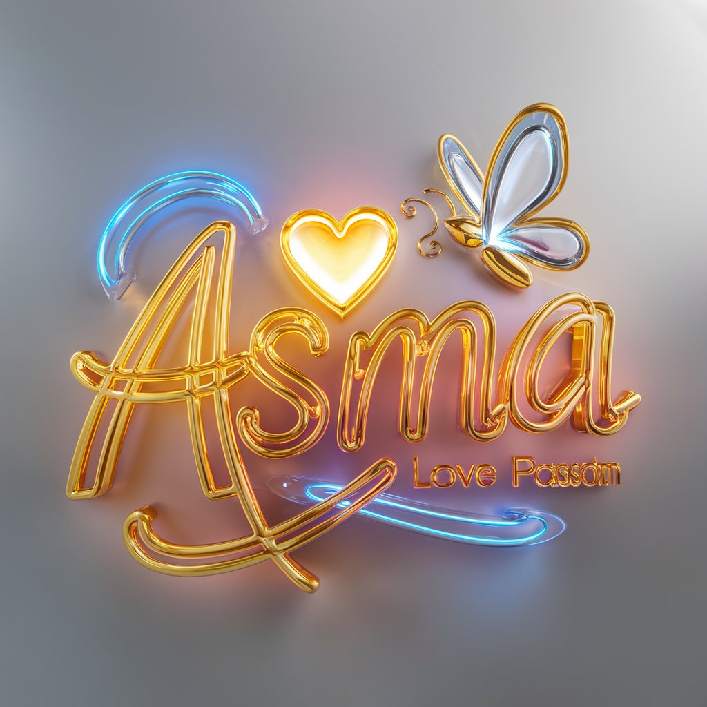 Eye-catching 3D logo for Asma with a gradient from bright oranges to serene blues, enhanced by neon lights and golden twitty accents."