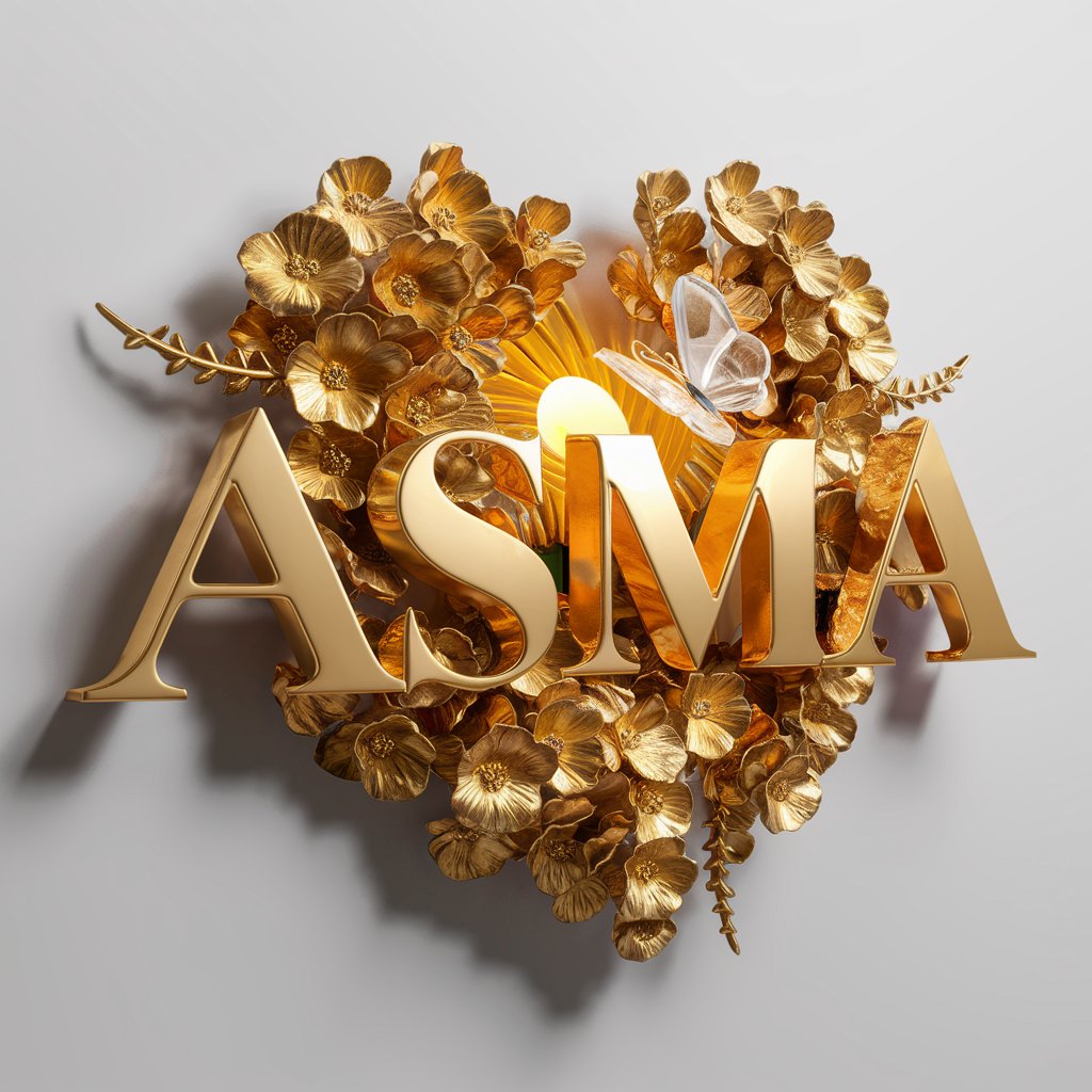 Sophisticated Wallpaper: 3D 'Asma' logo featuring gold letters and delicate floral details."