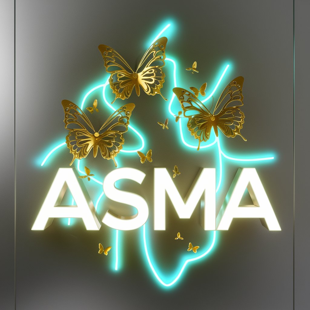 Enchanting "Asma" logo with neon turquoise and golden butterflies, beautifully set against a silver wallpaper.