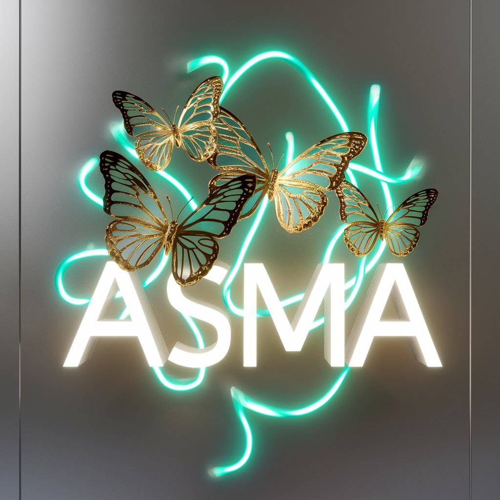 Asma" logo with golden butterflies and neon turquoise lights, gleaming on a clean silver wallpaper.