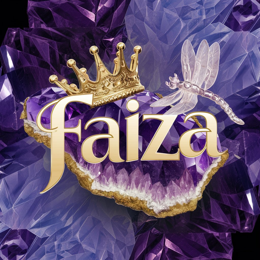 3D "Faiza" design featuring shimmering purple crystals, golden crown, and delicate dragonfly, against a deep blue backdrop.