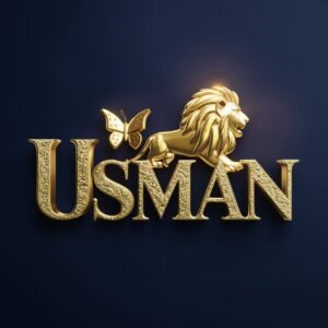 Luxurious 3D logo for 'Usman' with bold gold letters, golden butterfly, and majestic 3D lion."