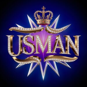 Luxurious Usman Name DP in gold and purple hues, illuminated by a neon blue background."