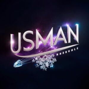 Nebula-themed Usman logo with vibrant cosmic colors and a shimmering comet, set against a dark space background – captivating name DP."